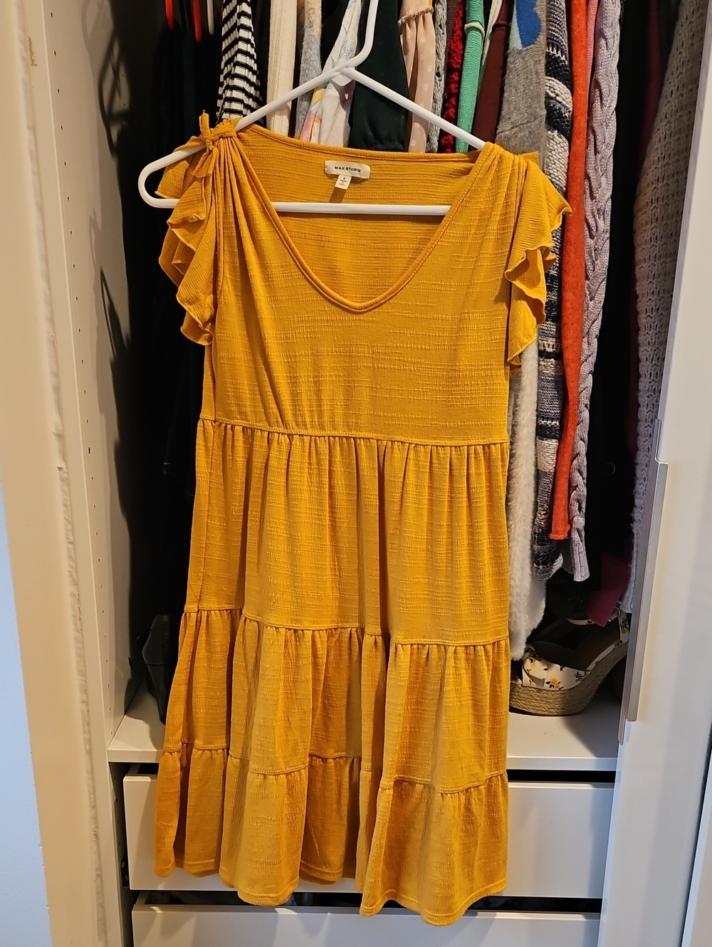 Max Studio Mustard Tiered Ruffle Mini Dress